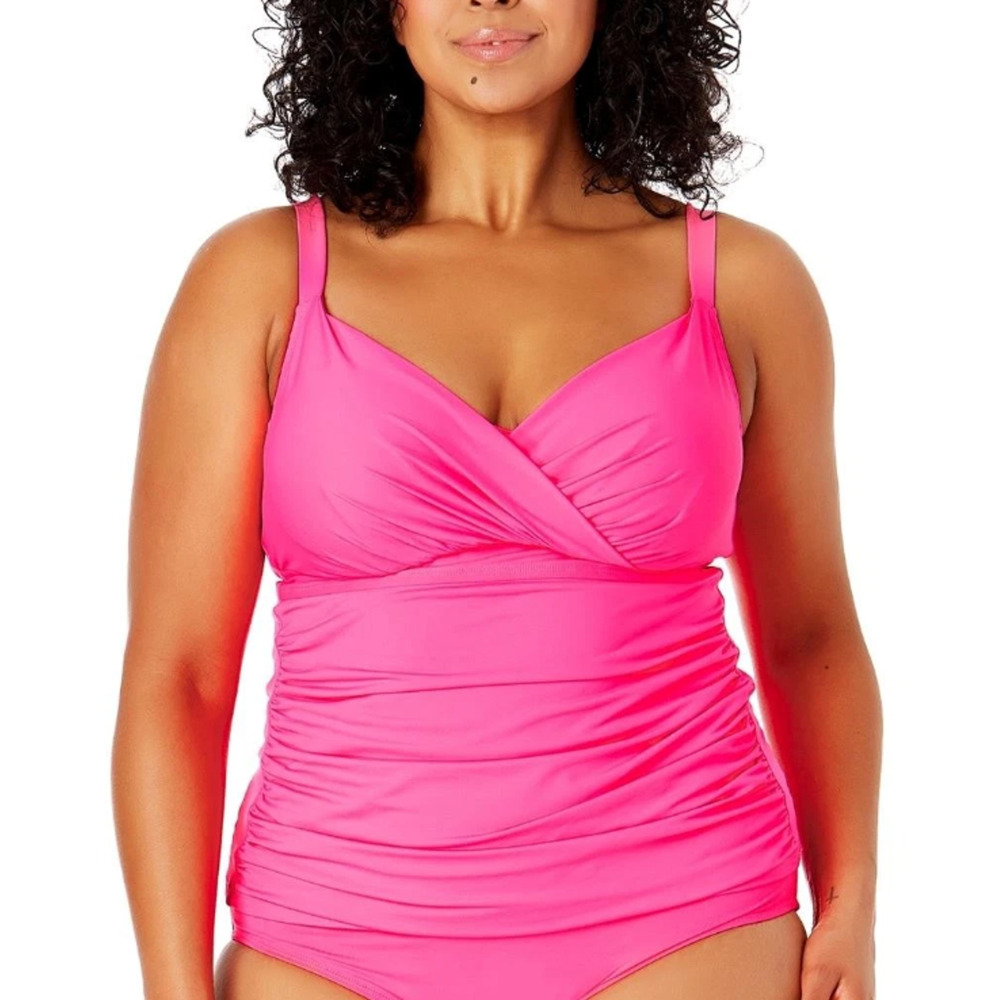 Anne Cole Women's Pink Punch Surplice-Neck Ruched Tankini Top Plus Sz 20W 15529